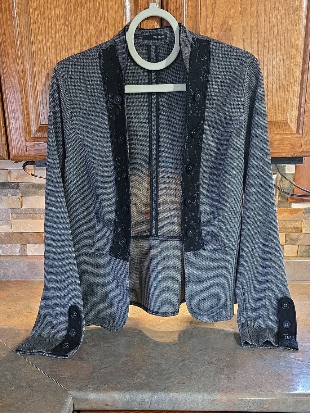 Maurices Gray Open-Front Jacket with Black Lace Trim